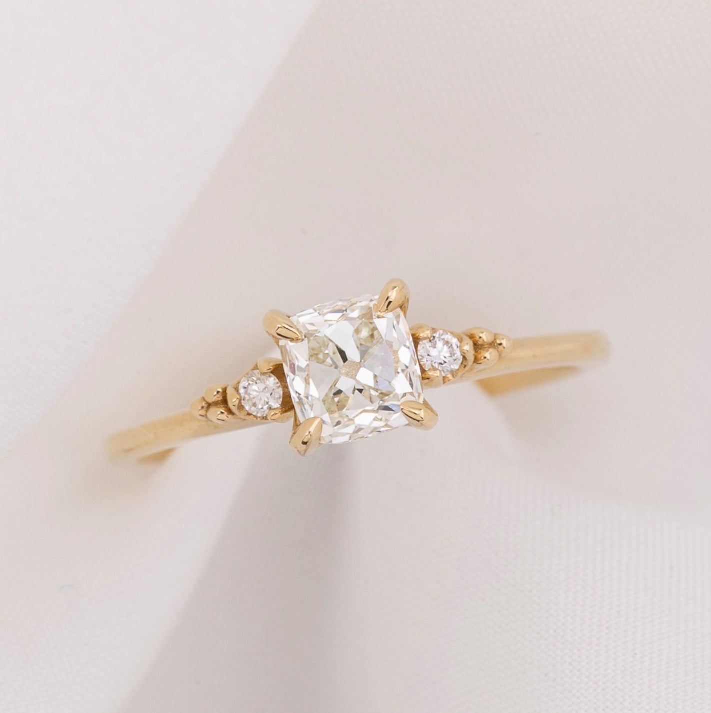 Estel Ring, GIA Certified 0.84ct Cushion Cut Old Mine Cut Diamond, 14k Yellow Gold (One of a kind)