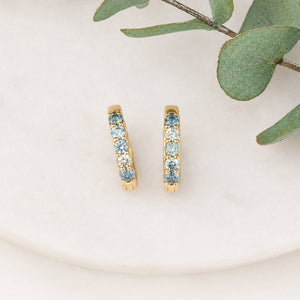 Gold hoop earrings with gemstones on a white plate with green leaves.