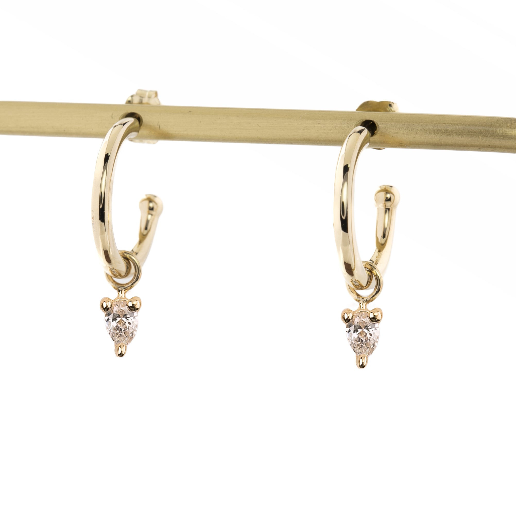 14K yellow gold hoop earrings with pear-cut natural diamond charms