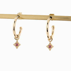 14K yellow gold ruby birthstone star hoop earrings