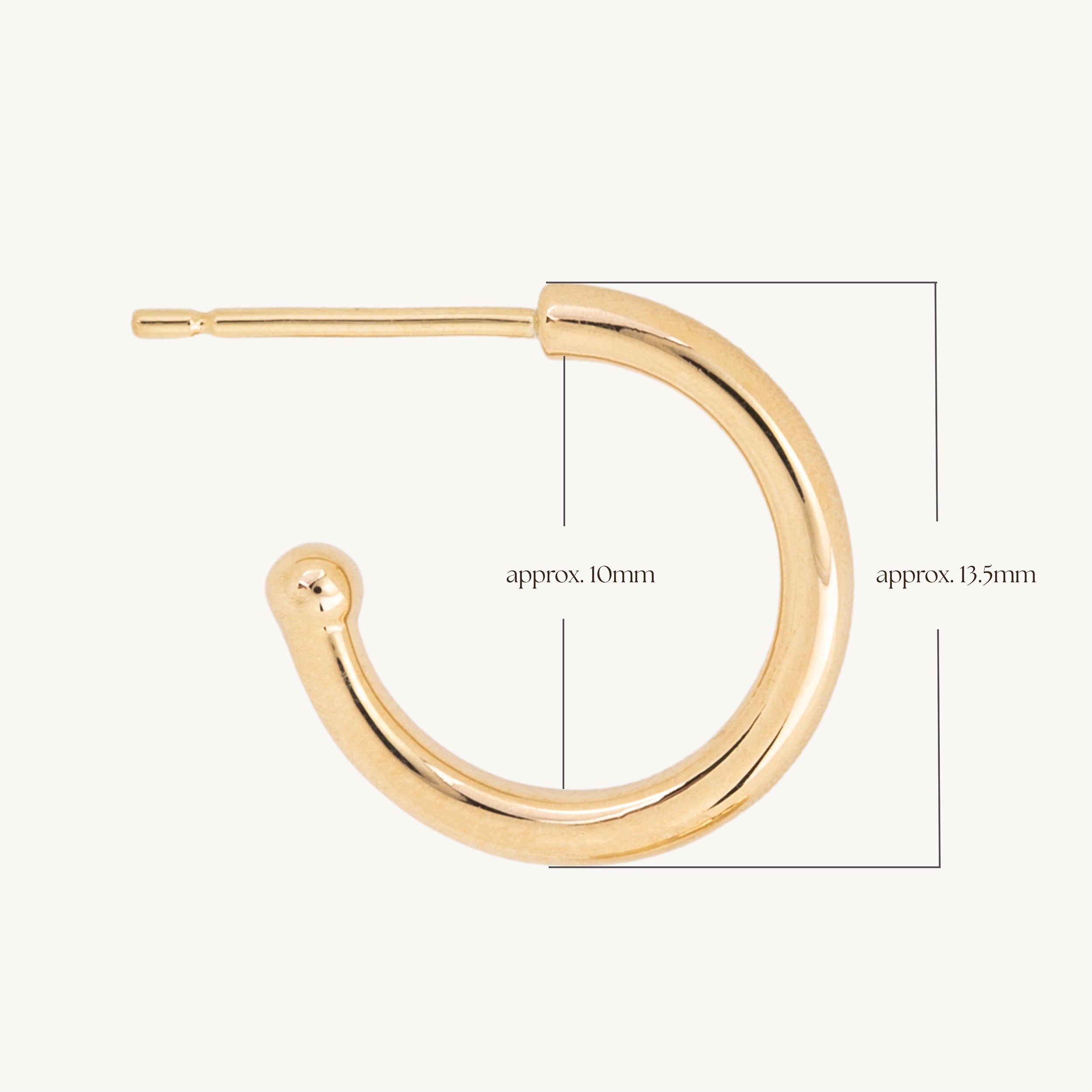 Gold hoop earring with measurements of appx 13.5mm diameter on a white background