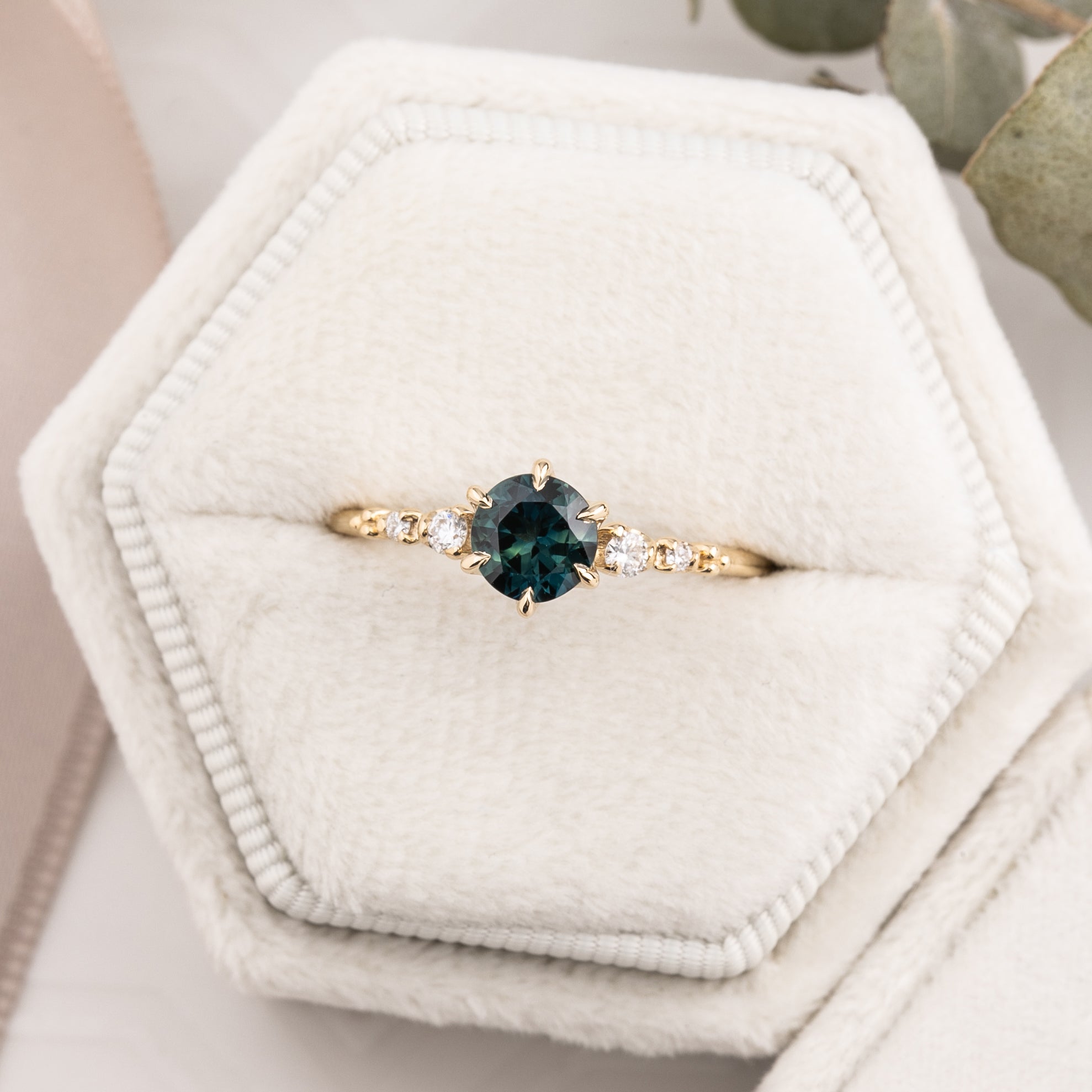 Estel Fleur Six Prongs Ring 0.82ct Deep Teal Blue Queensland Sapphire, 14k Yellow Gold (One of a kind)