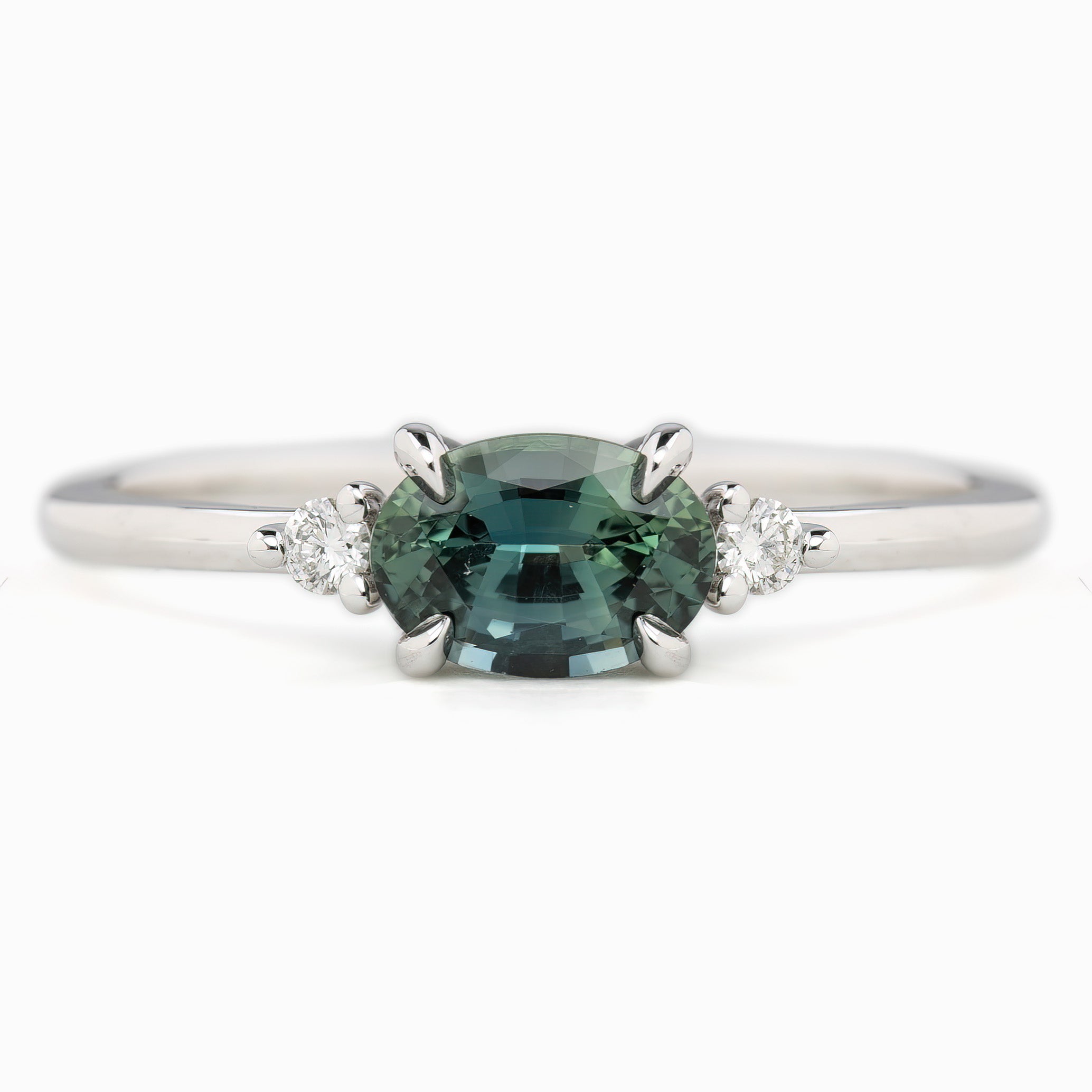 Emilie Ring 0.97ct Blue Green Madagascar Sapphire, 14k White Gold (One of a kind)