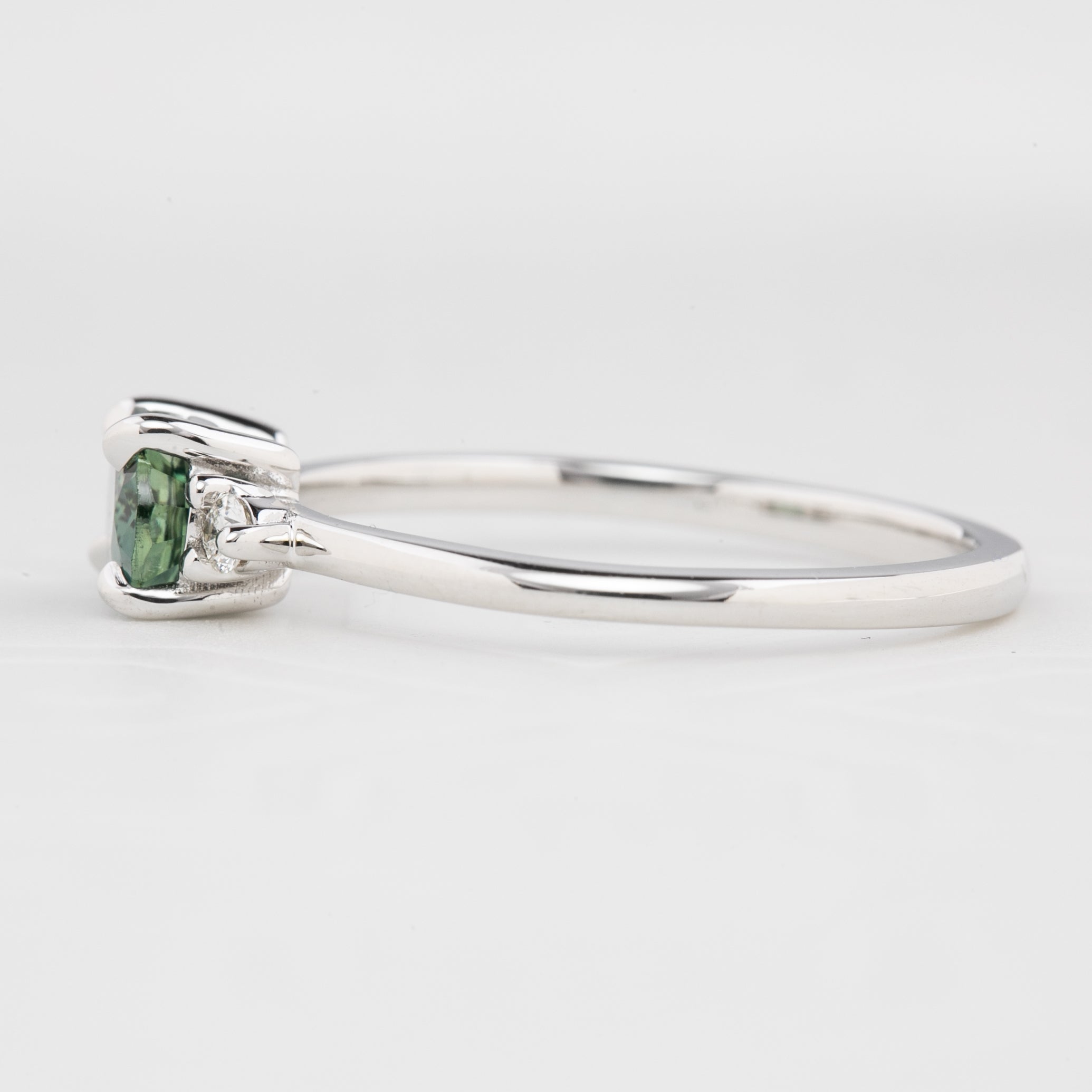 Emilie Ring 0.97ct Blue Green Madagascar Sapphire, 14k White Gold (One of a kind)