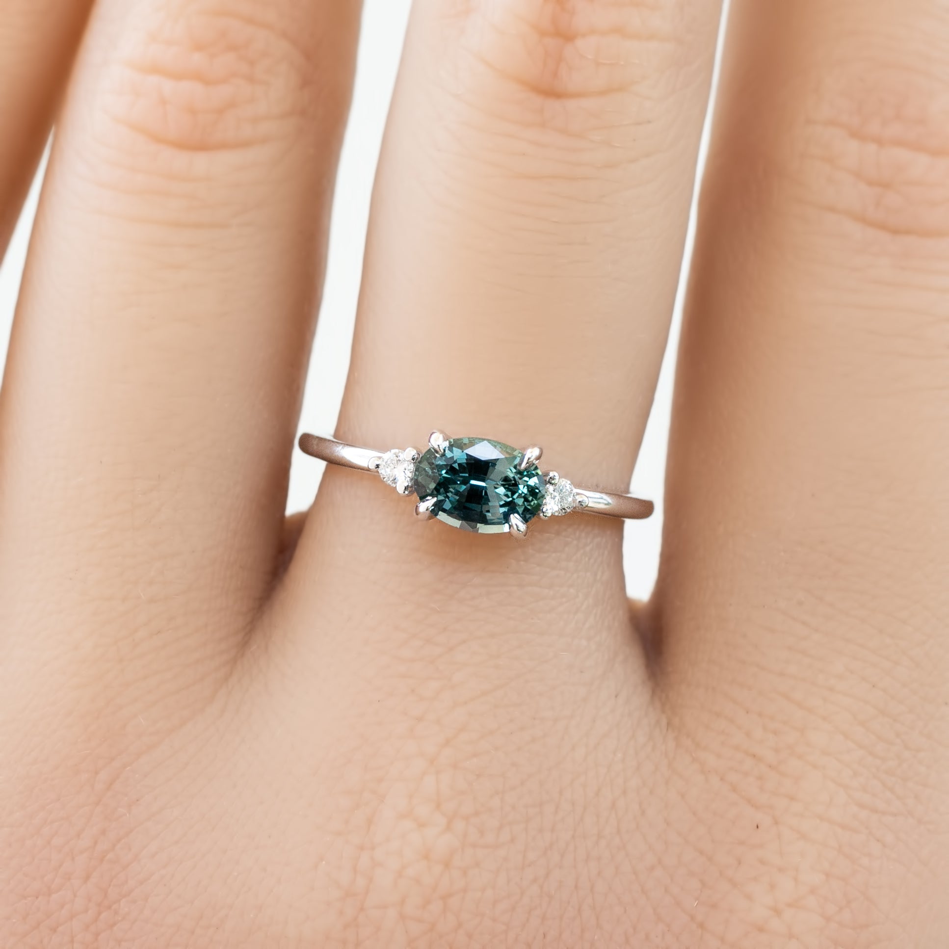 Emilie Ring 0.97ct Blue Green Madagascar Sapphire, 14k White Gold (One of a kind)