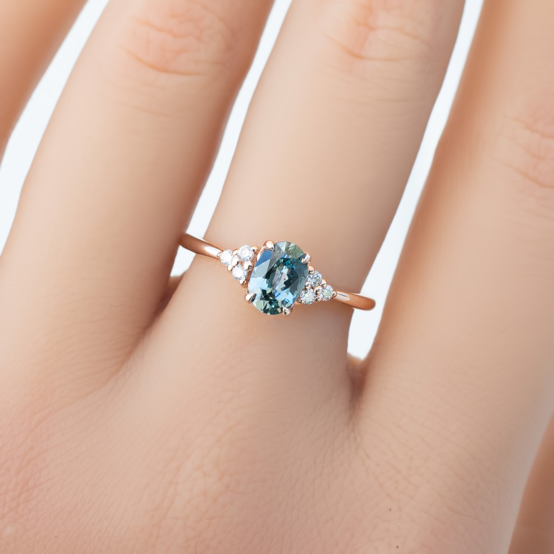 Teresa Ring 0.86ct Blue Green Madagascar Sapphire, 14K Rose Gold (One of a kind)