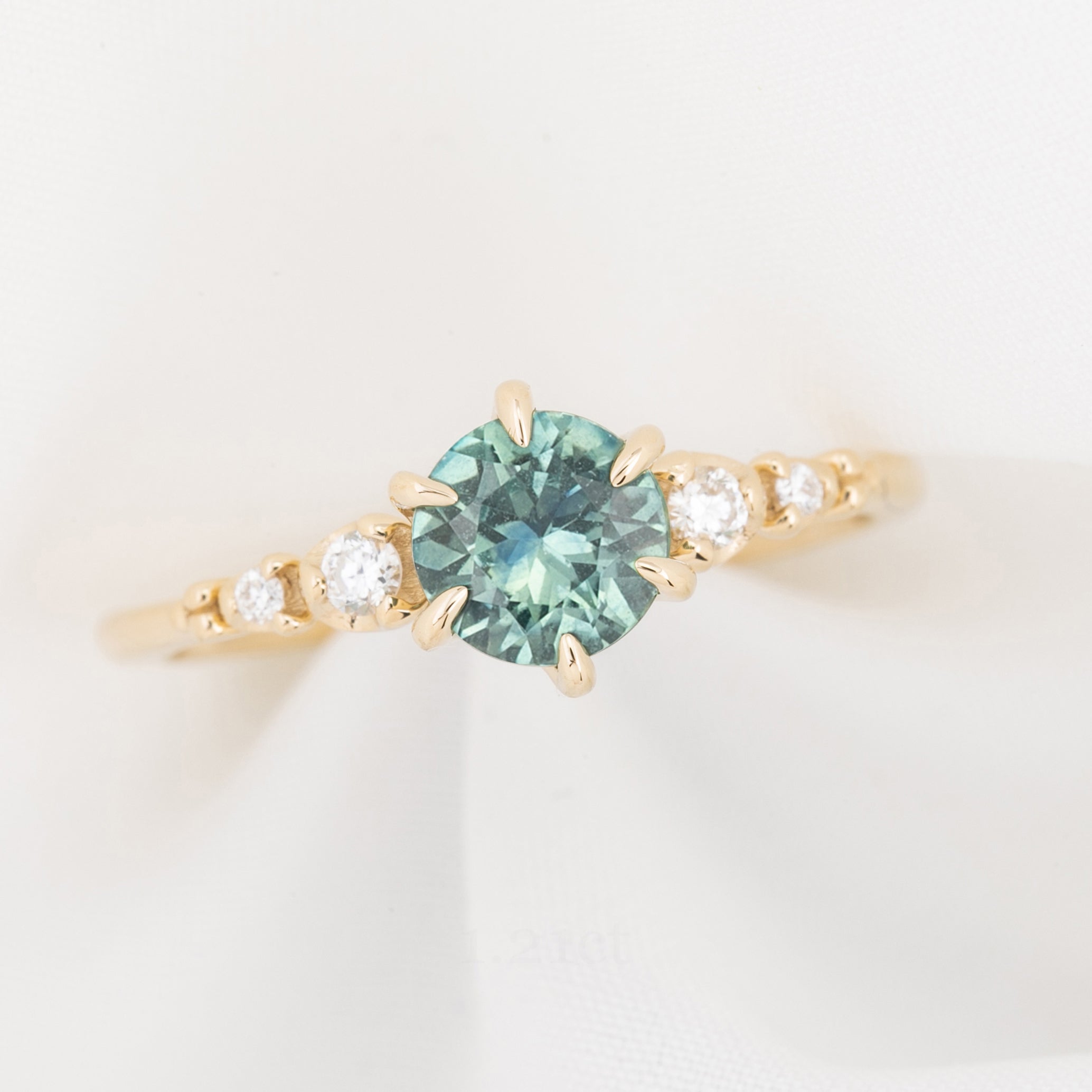 Estel Fleur Six Prongs Ring 1.21ct Light Blue Green Round Montana Sapphire, 14K Yellow Gold (One of a kind)