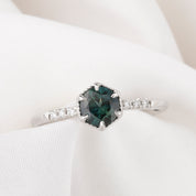 Grace Ring 5.5mm 0.77ct Part Blue Green Round Queensland Sapphire, 14k White Gold (One of a kind)