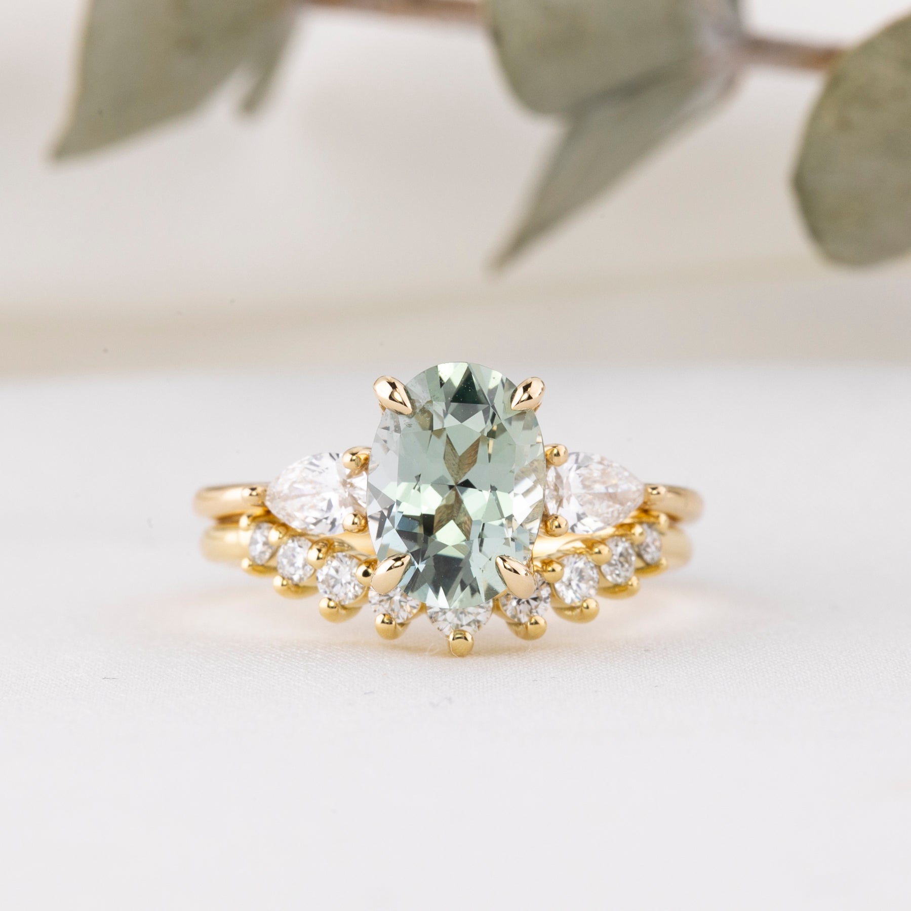 Claire Ring, 2.23ct Madagascar Sapphire Ring stacked with our nesting diamond ring in 14k yellow gold