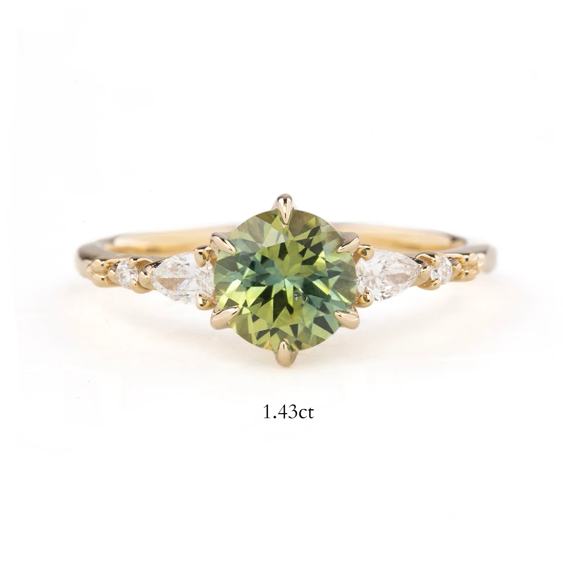 【一点物】エステルフルールペタルリング ・1.43ct・加熱モンタナ産パルティグリーンイエローサファイア・K14YG