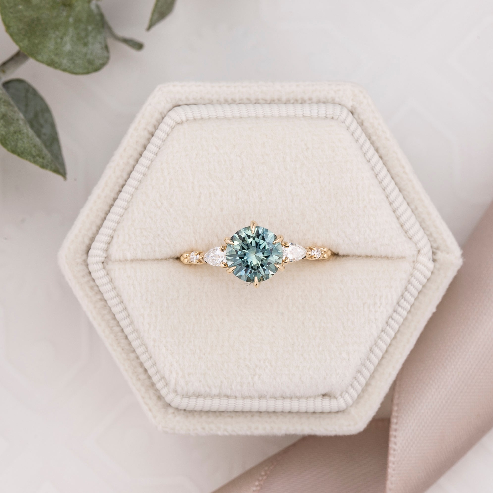 Estel Fleur Petal Ring 1.38ct Aqua Blue Green Montana Sapphire, 14k Yellow Gold (One of a kind)