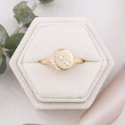 Crescent Moon Birthstone Star Signet Ring