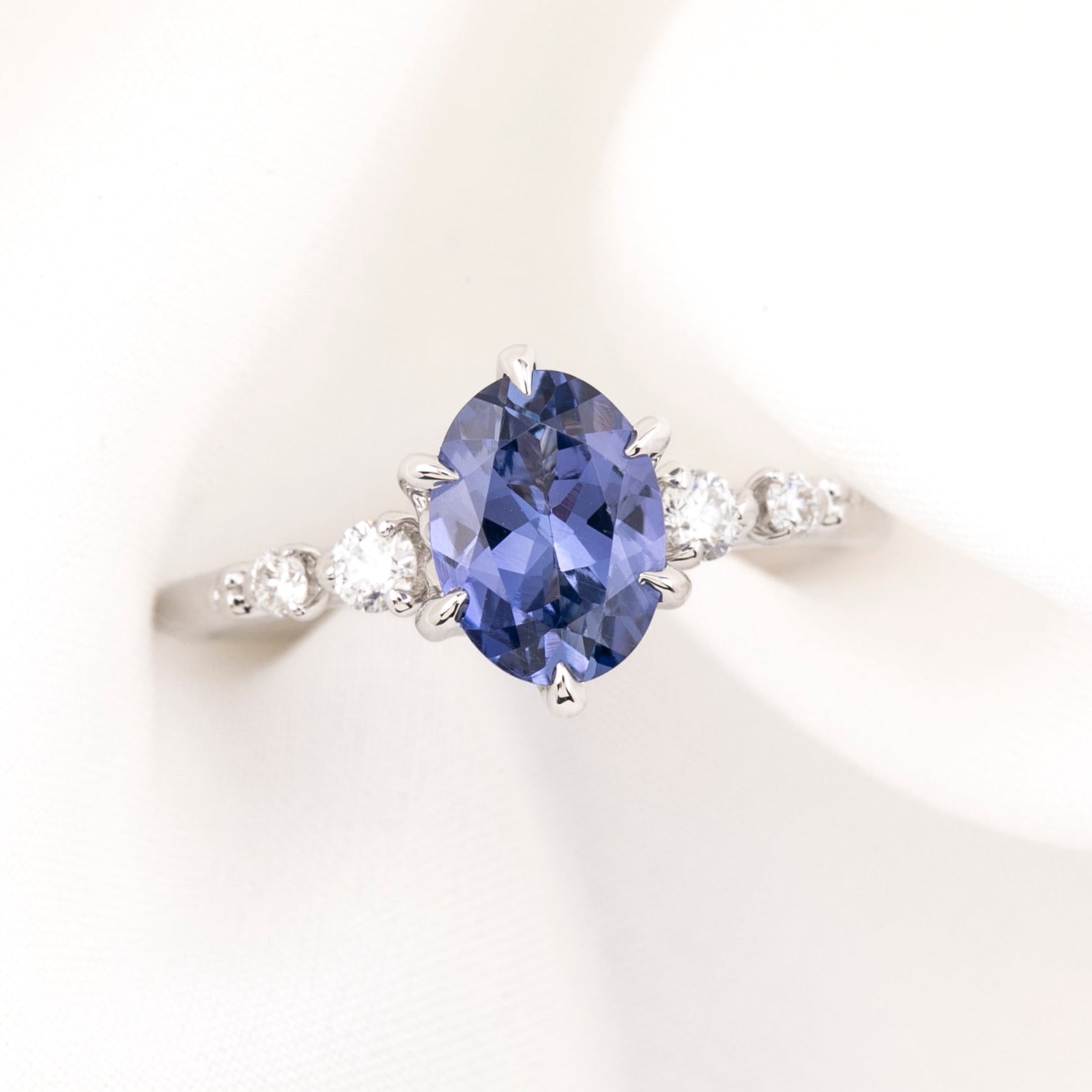 Estel Fleur Six Prongs Ring 1.56ct Blue Umba Sapphire, 14k White Gold (One of a kind)