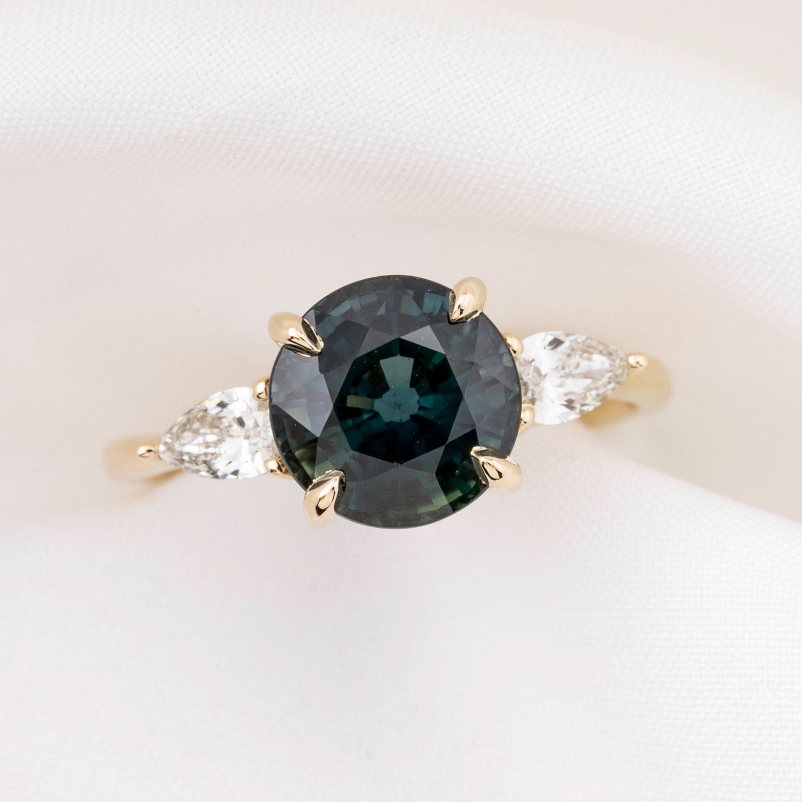 Olivia Grand Ring 3.60ct Blue Green Sapphire, 14k Yellow Gold (One of a kind)