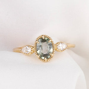 Diana Ring, 0.88ct Green Madagascar Sapphire, oval shape gemstone