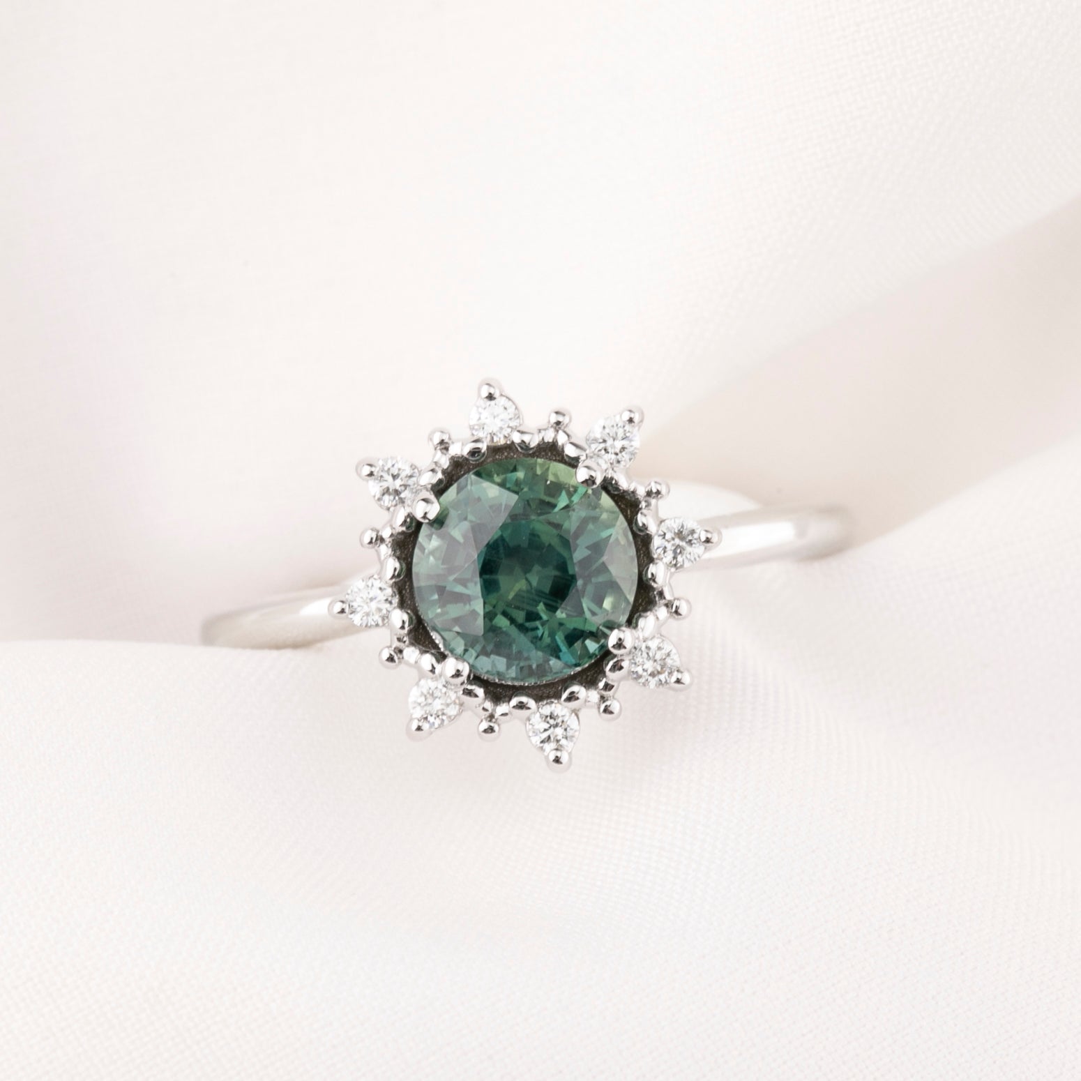 Victoria Ring 1.69ct Green Montana Sapphire, 14k White Gold (One of a kind)