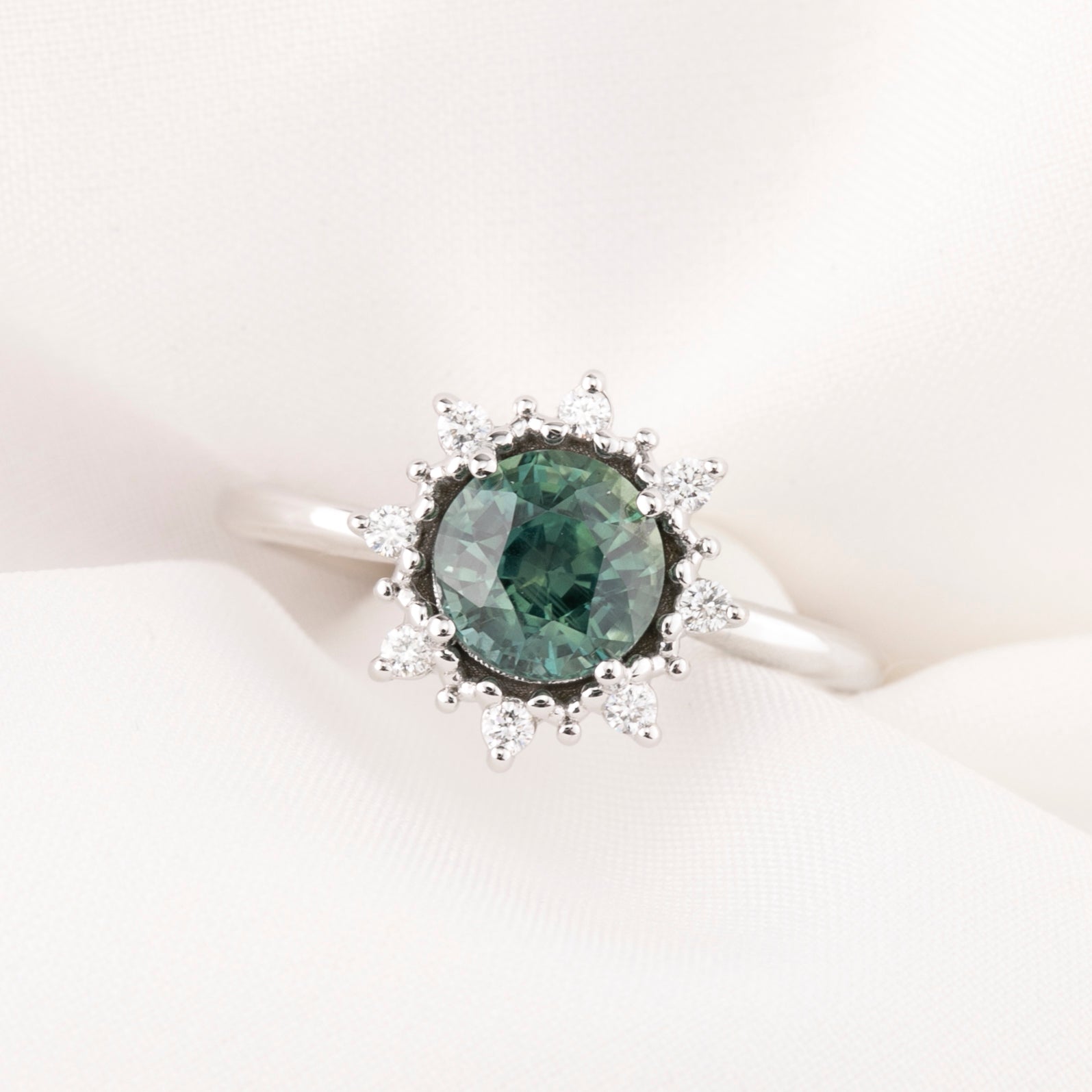 Victoria Ring 1.69ct Green Montana Sapphire, 14k White Gold (One of a kind)