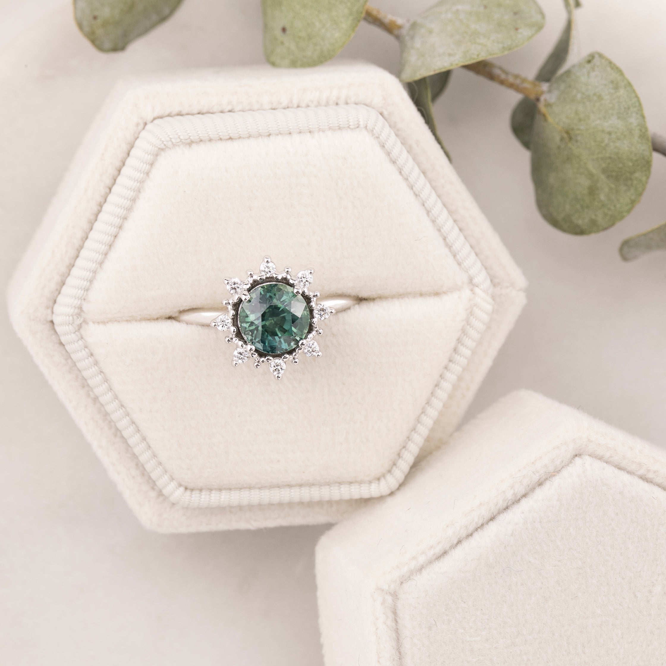 Victoria Ring 1.69ct Green Montana Sapphire, 14k White Gold (One of a kind)