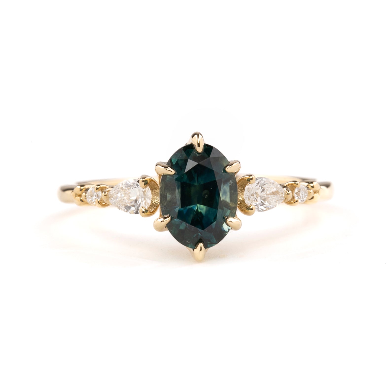 Estel Fleur Petal Ring 1.46ct Teal Blue Montana Sapphiree, 14k Yellow Gold (One of a kind)