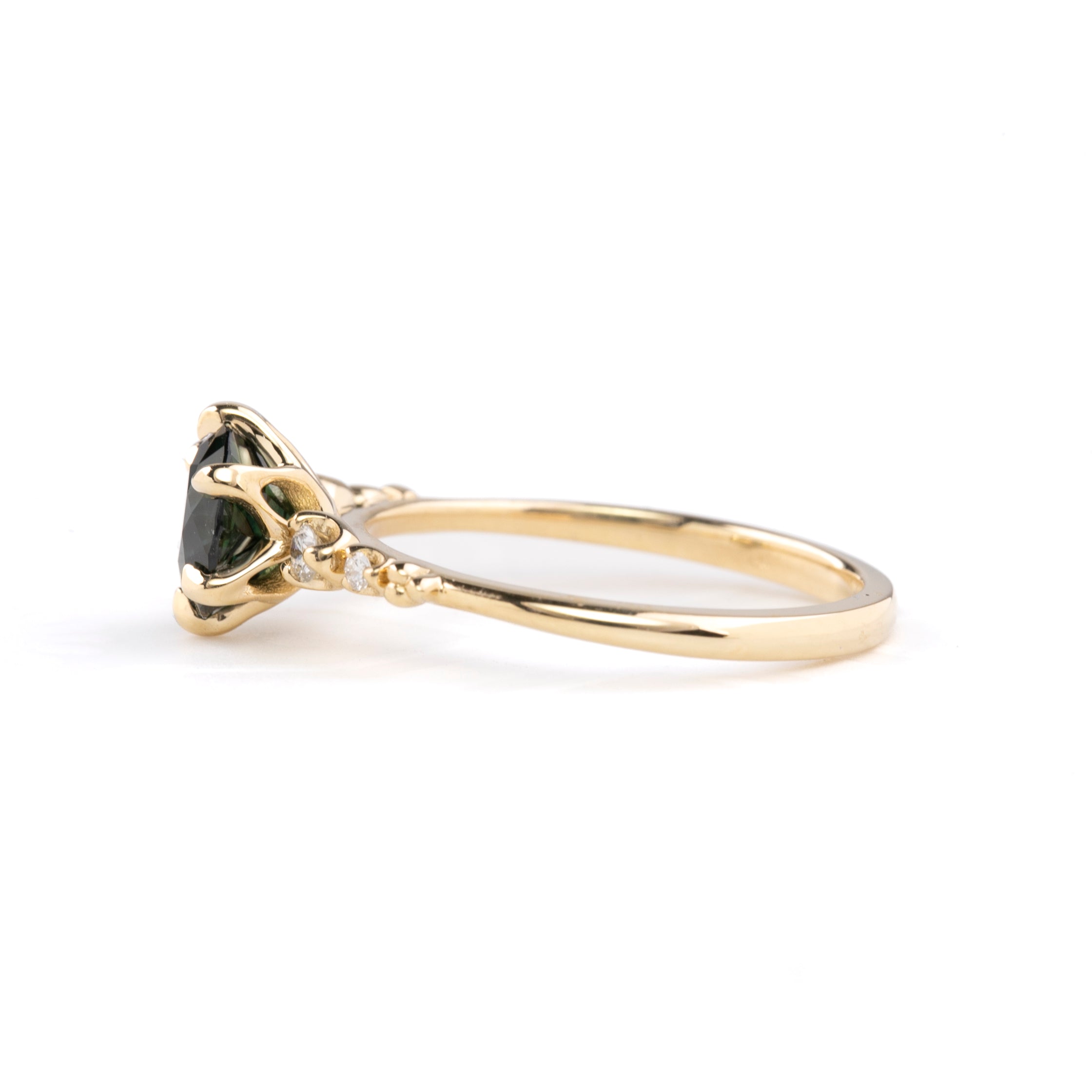 【一点物】エステルフルールリング ・1.38ct・加熱モンタナ産パルティグリーンサファイア・K14YG