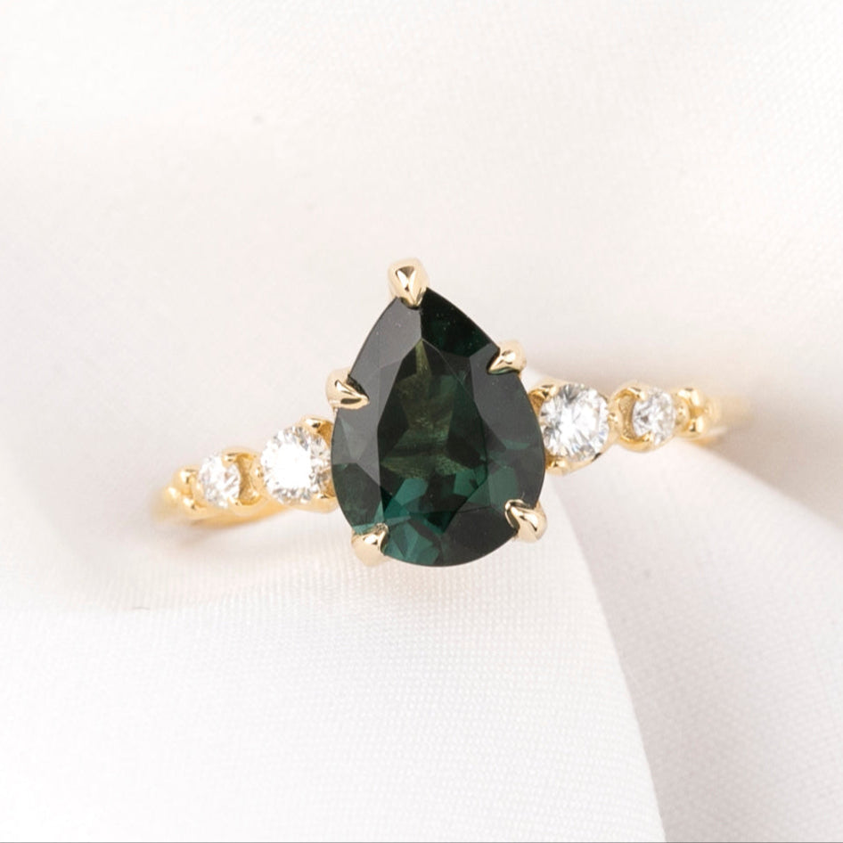 Estel Fleur Ring Peacock Green Pear Tourmaline, 14K Yellow Gold (One of a kind)