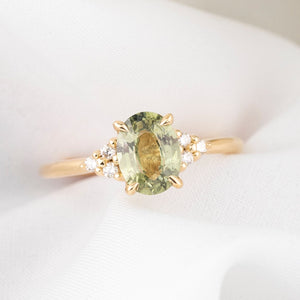 Teresa Ring, 1.40ct Light Green Yellow Unheated Sapphire, oval shape gemstone