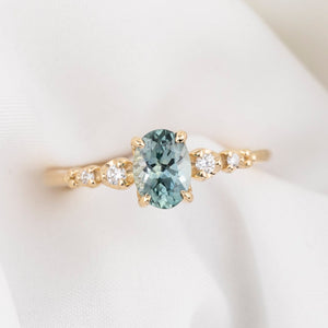 Estel Fleur Four Prongs Ring, 1.06ct Light Blue Green Montana Sapphire, oval shape gemstone