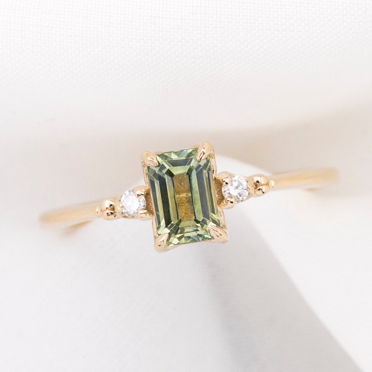 Estel Ring 1.05ct Light Green Emerald Montana Sapphire, 14K Yellow Gold (One of a kind)