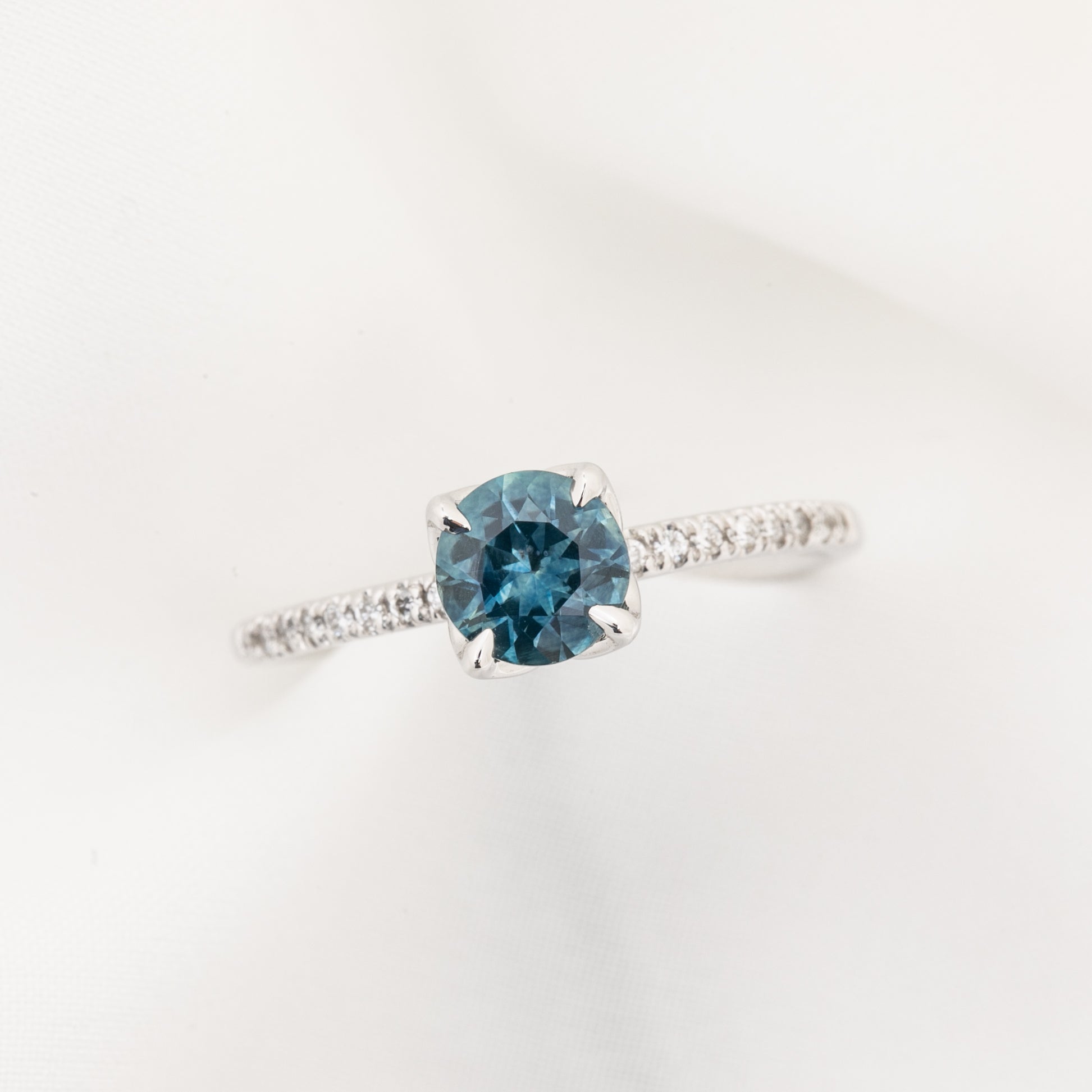 Maria Ring 1.03ct Round Blue Montana Sapphire, 14K White Gold (One of a kind)