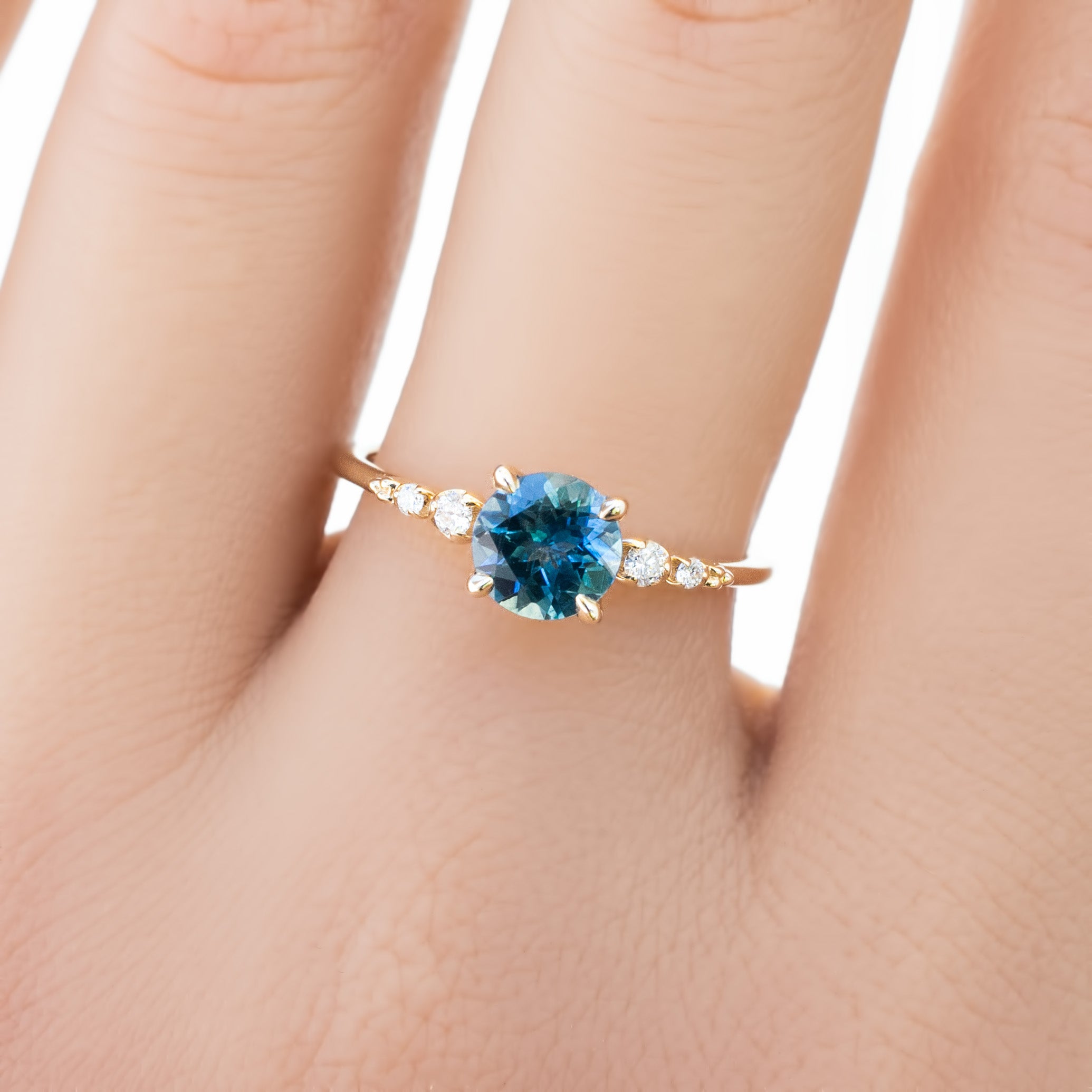 Estel Fleur Four Prongs Ring, 1.15ct Parti Blue Green Montana Sapphire, 14K Yellow Gold (One of a kind)