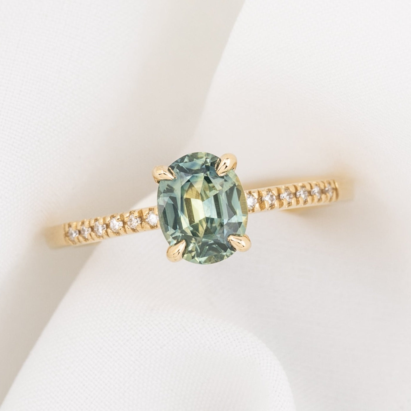 Audrey Ring, 1.20ct Light Blue Green Montana Sapphire