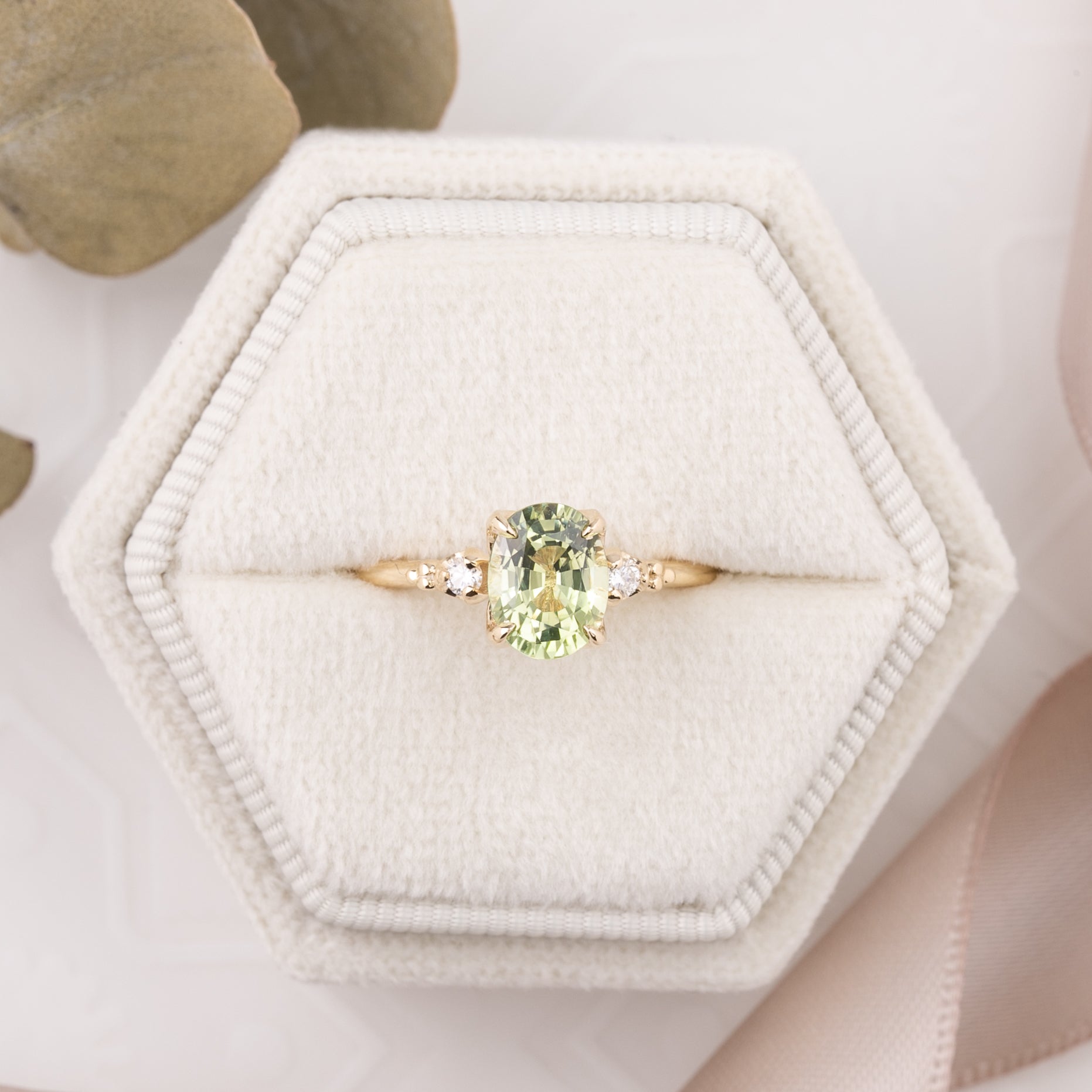 Estel Ring 1.60ct / 1.83ct Light Green Sapphire, 14k Yellow Gold (One of a kind)