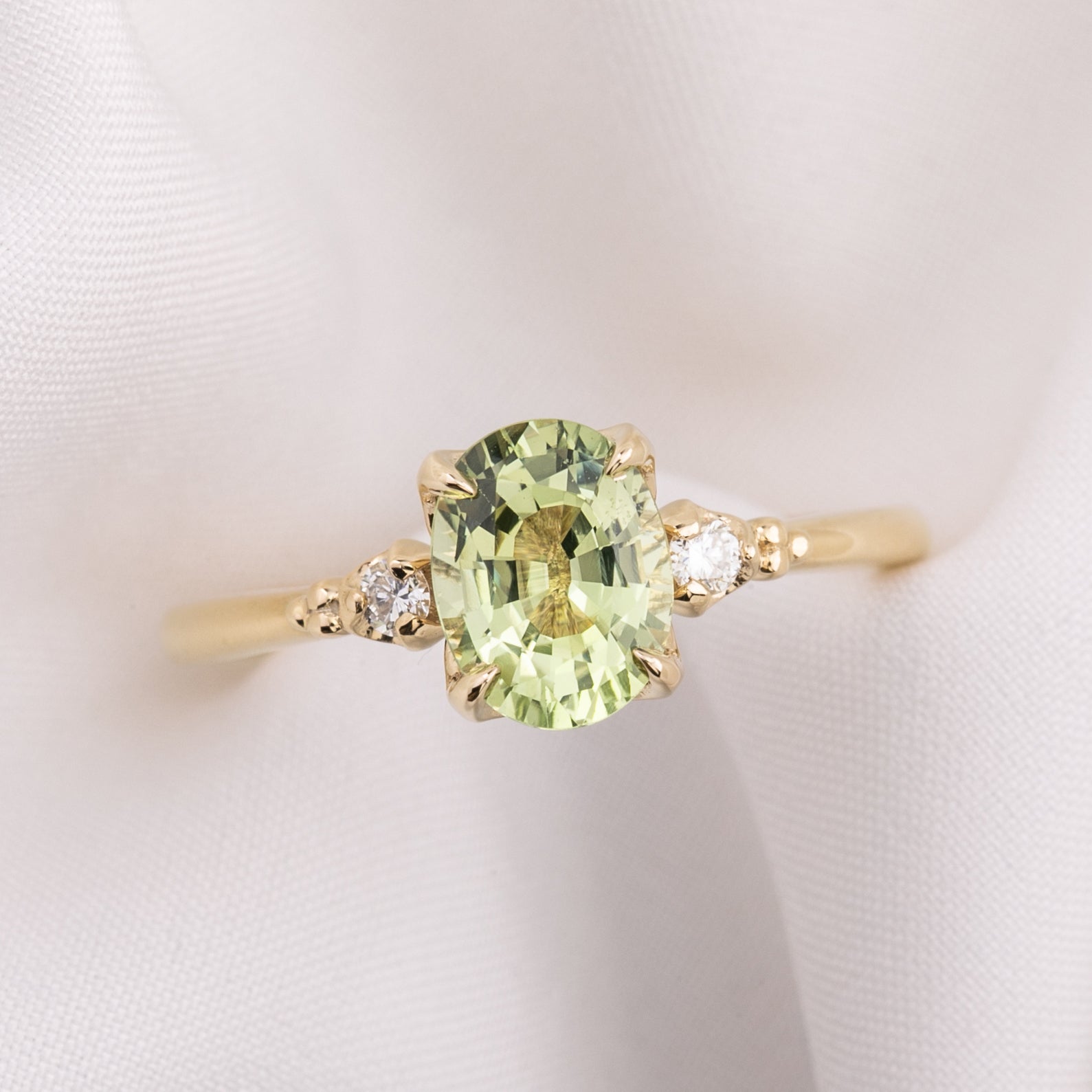 Estel Ring 1.60ct / 1.83ct Light Green Sapphire, 14k Yellow Gold (One of a kind)