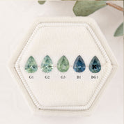 Five teardrop-shaped gemstones labeled A to E on a white background.