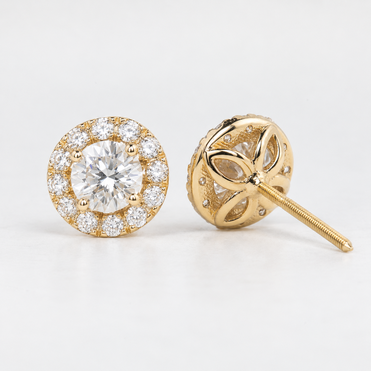 14K Gold GIA-Certified Halo Diamond Stud Earrings