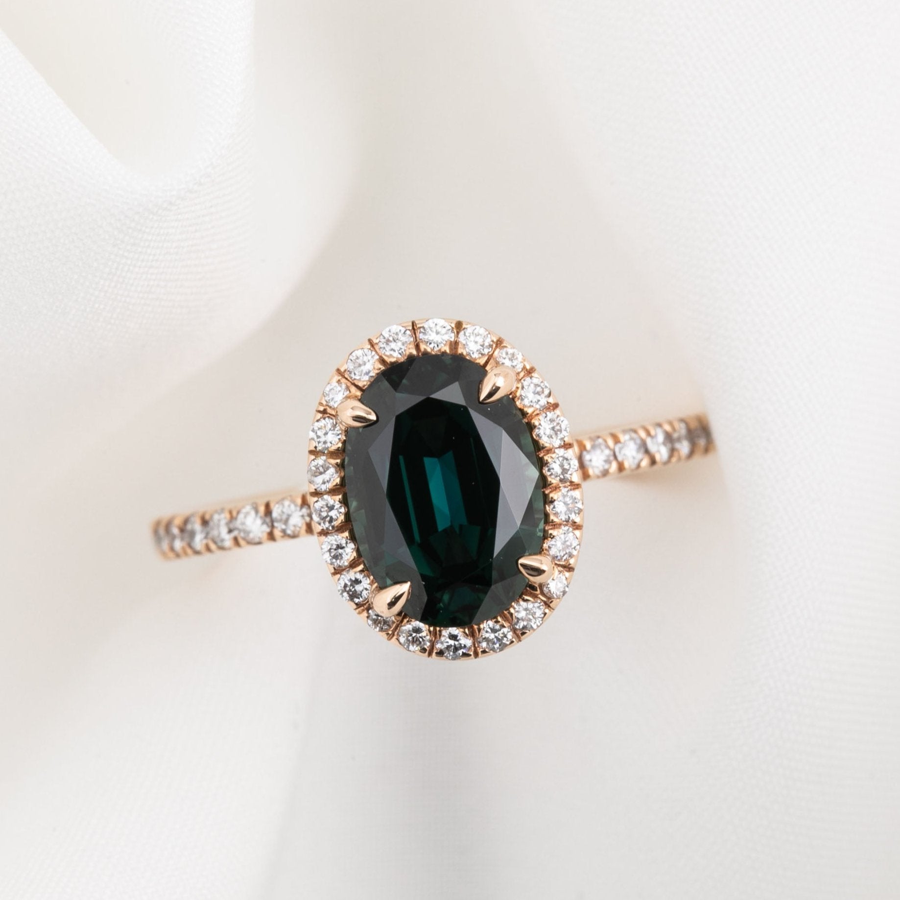 Rosetta Ring 2.49ct Unheated Blue Green Queensland Sapphire, 14k Rose Gold (One of a kind)