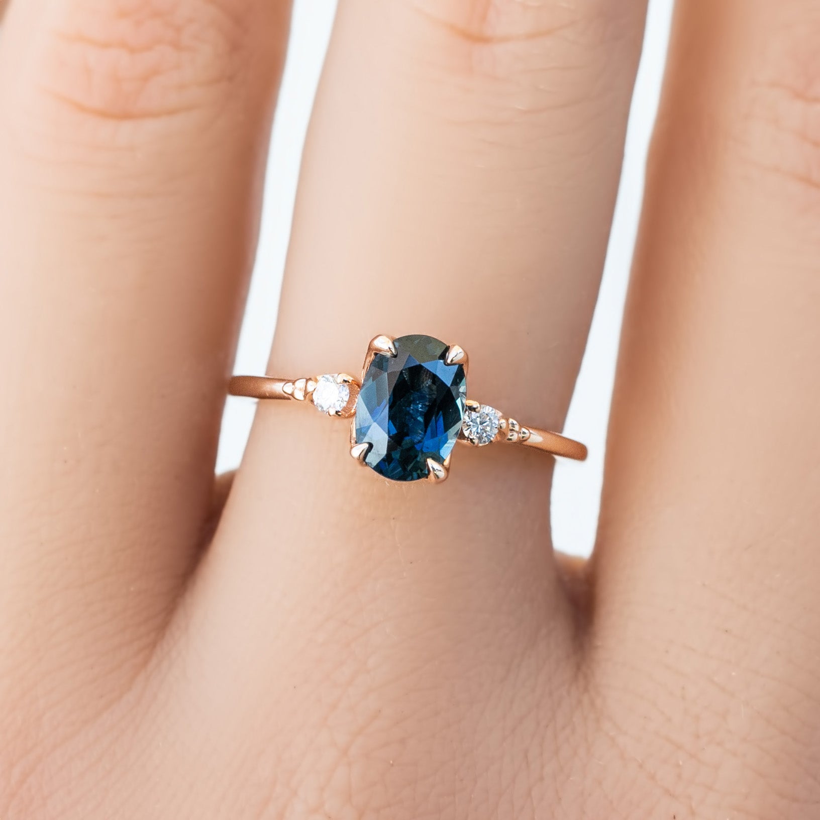 Estel Ring 1.32ct Teal Blue Oval Queensland Sapphire, 14K Rose Gold (One of a kind)