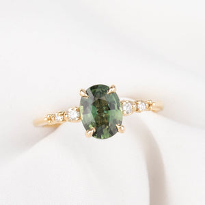 【一点物】エステルリュクスリング ・1.2ct・加熱モンタナ産ピーコックグリーンサファイア・K14YG