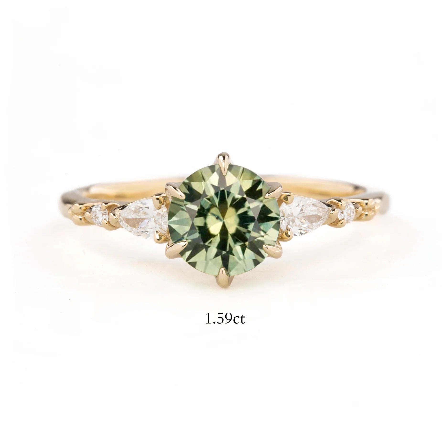 【一点物】エステルフルールペタルリング ・1.43ct・加熱モンタナ産パルティグリーンイエローサファイア・K14YG