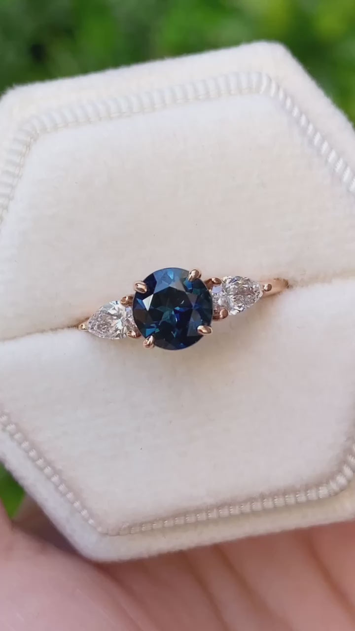 Olivia Grand Ring, 1.37ct Deep Teal Blue Round Queensland Sapphire, 14K Rose Gold