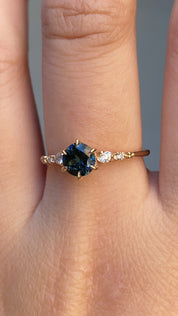 Estel Fleur Six Prongs Ring 0.82ct Deep Teal Blue Queensland Sapphire, 14k Yellow Gold (One of a kind)