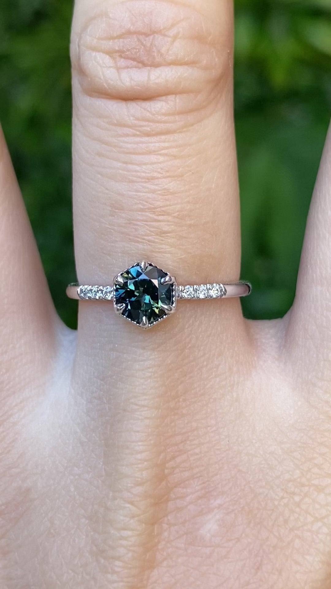 Grace Ring 5.5mm 0.77ct Part Blue Green Round Queensland Sapphire, 14k White Gold (One of a kind)