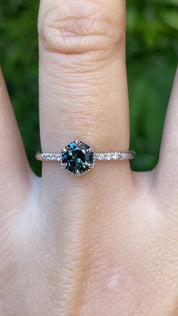 Grace Ring 5.5mm 0.77ct Part Blue Green Round Queensland Sapphire, 14k White Gold (One of a kind)