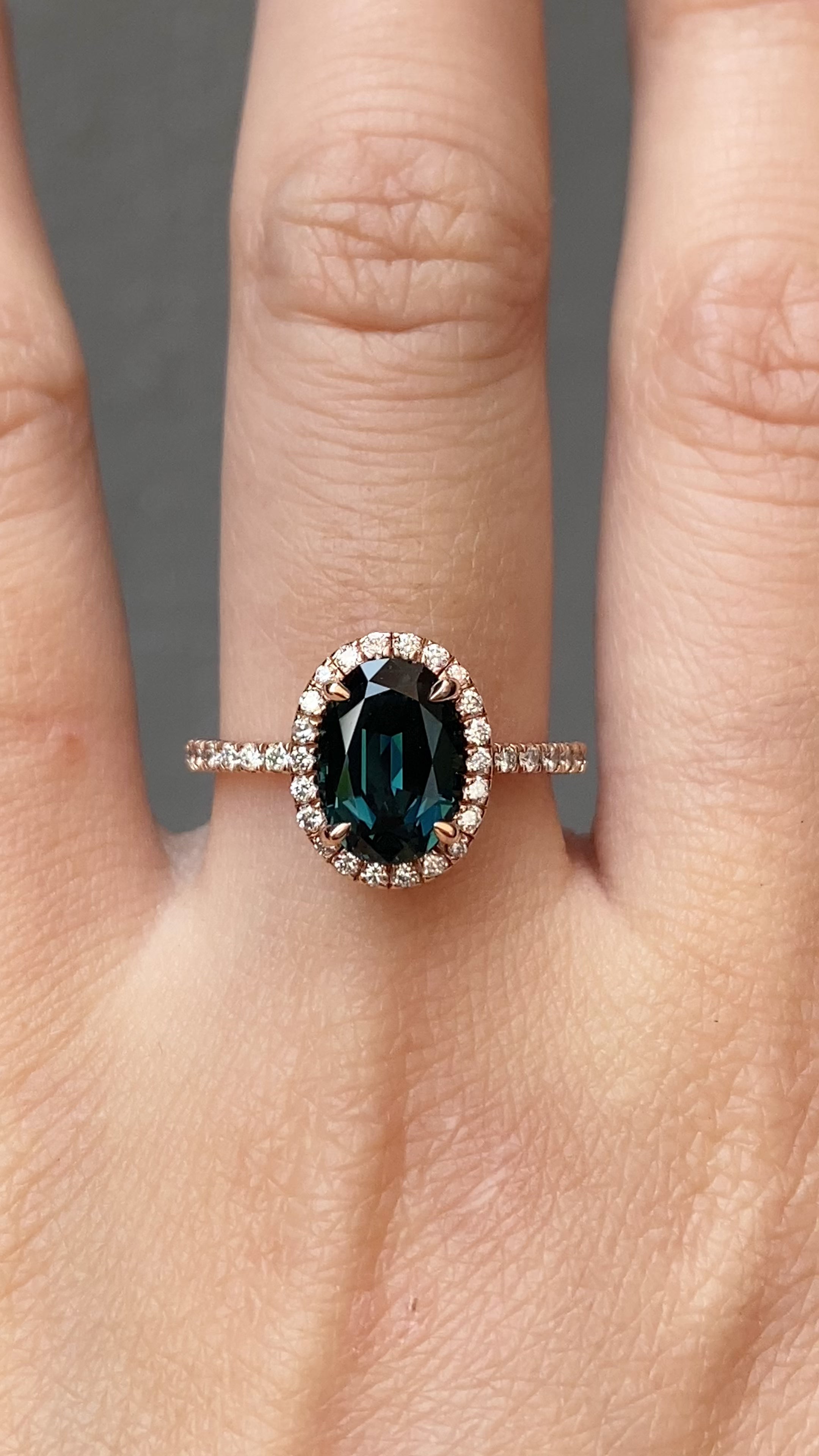 Rosetta Ring 2.49ct Unheated Blue Green Queensland Sapphire, 14k Rose Gold (One of a kind)