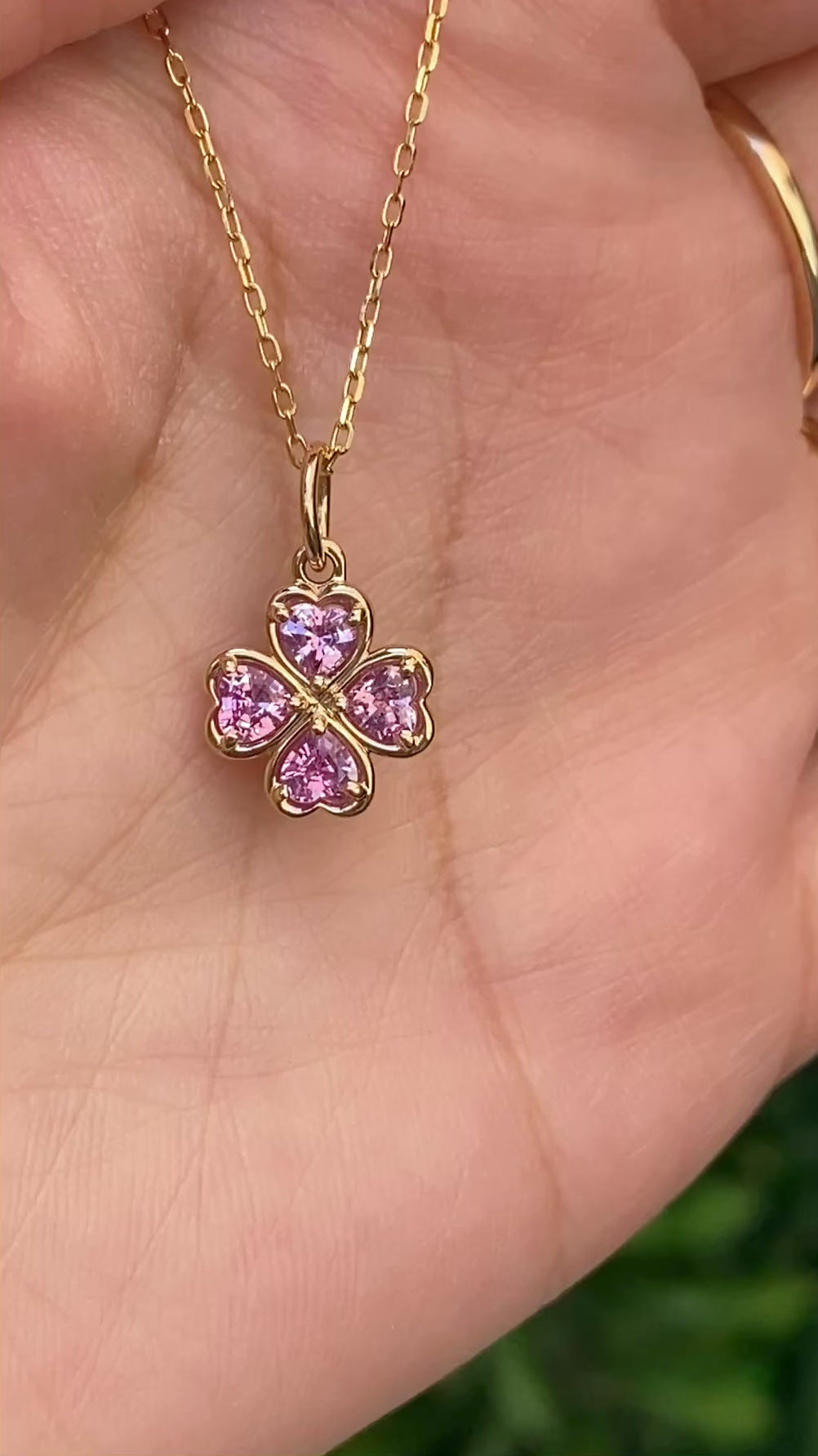 14K Gold Pink Sapphire Four Heart Clover Charm