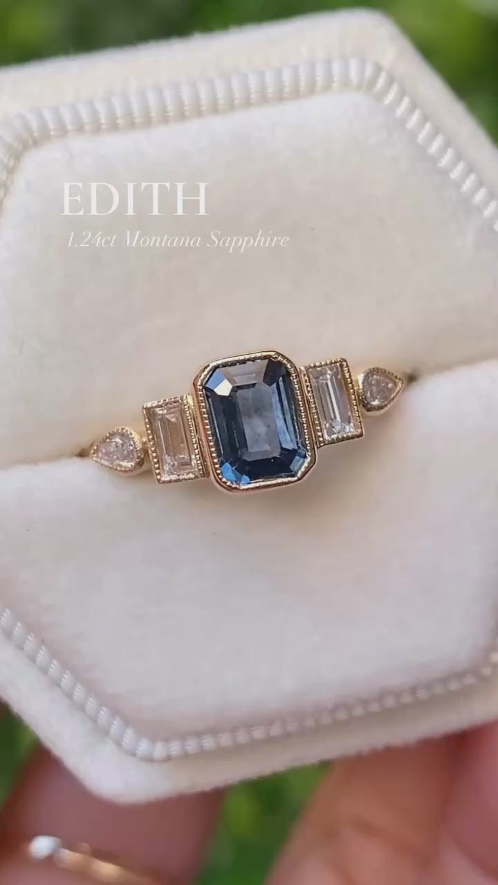 Edith Ring, 1.24ct Dark Blue Montana Sapphire