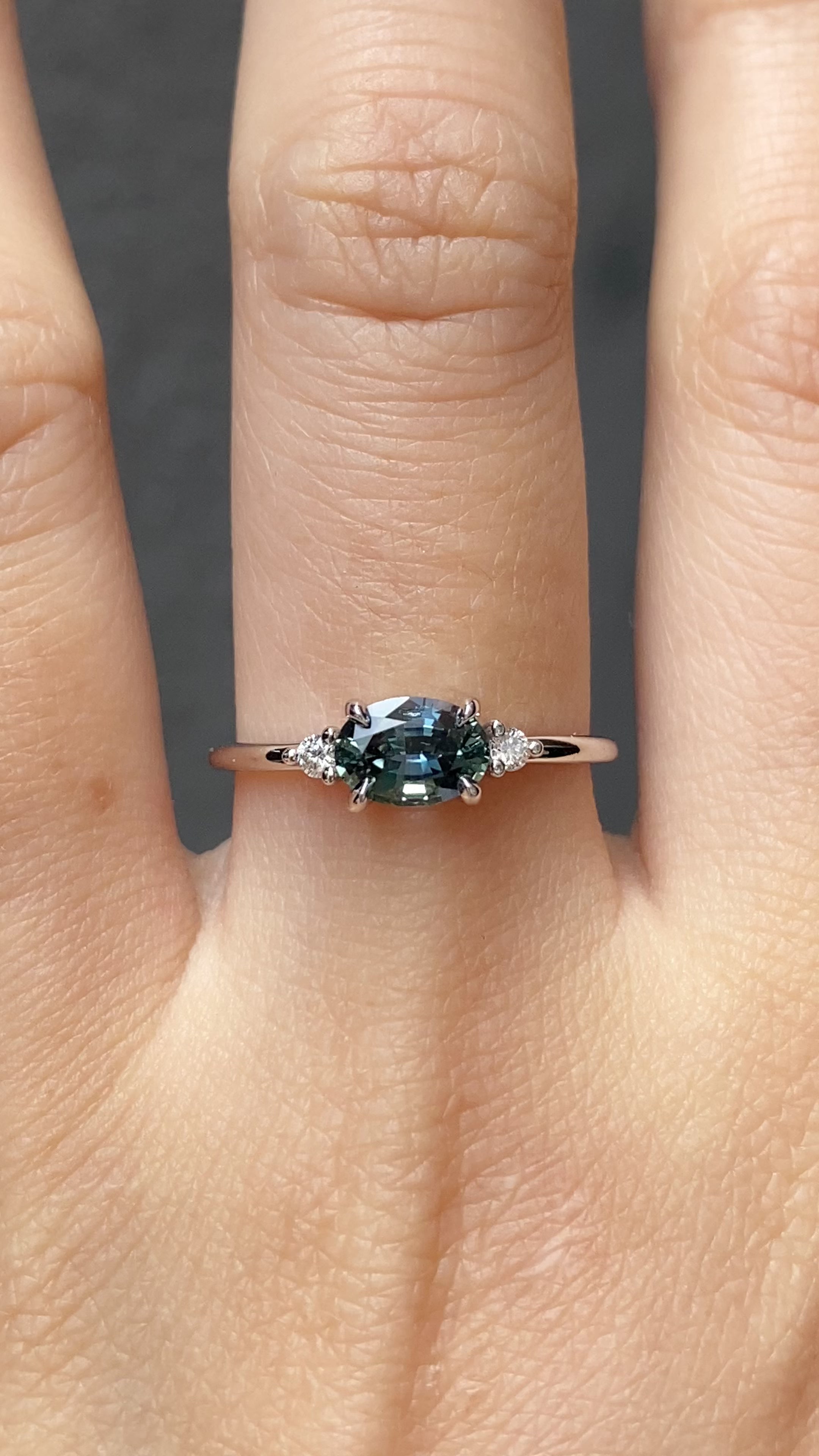 Emilie Ring 0.97ct Blue Green Madagascar Sapphire, 14k White Gold (One of a kind)