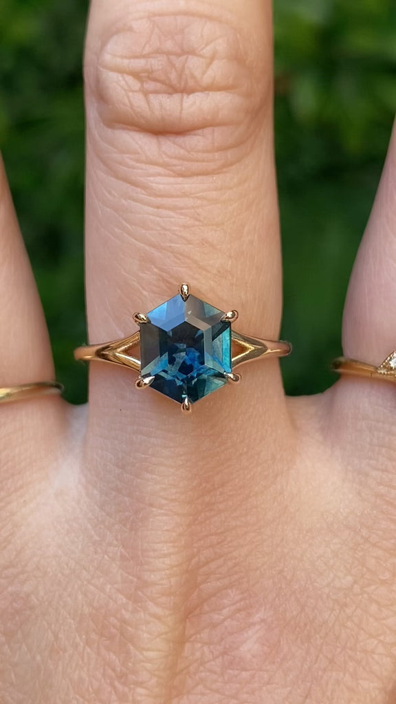 Hexagon shape sapphire solitaire gold ring