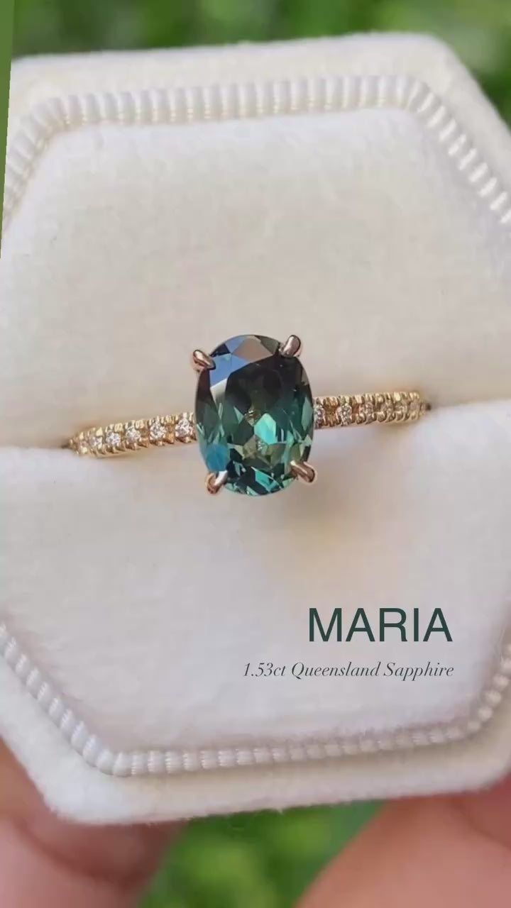 【一点物】マリアリング ・1.53ct・非加熱クイーンズランド産グリーンサファイア・K14YG