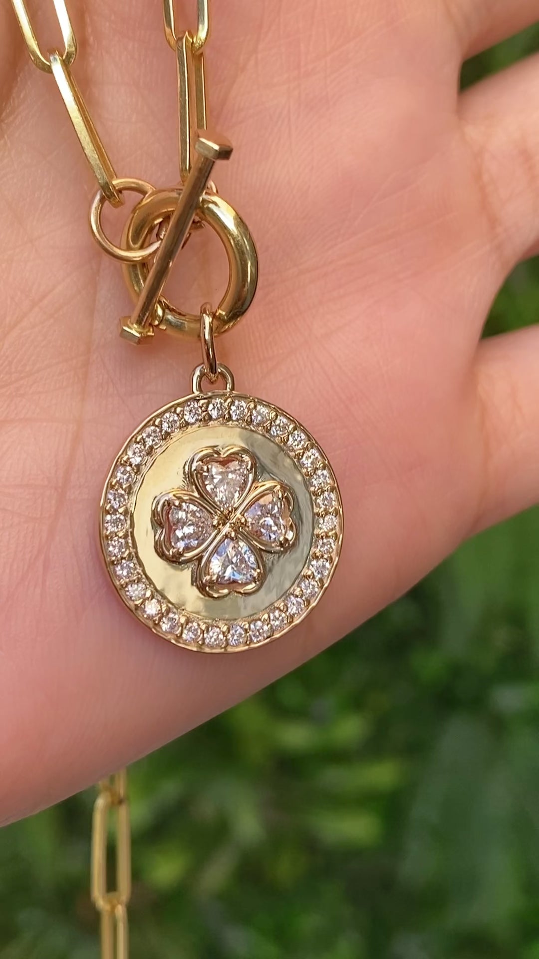 14K Gold Lab Diamond Heart Clover Disc Charm